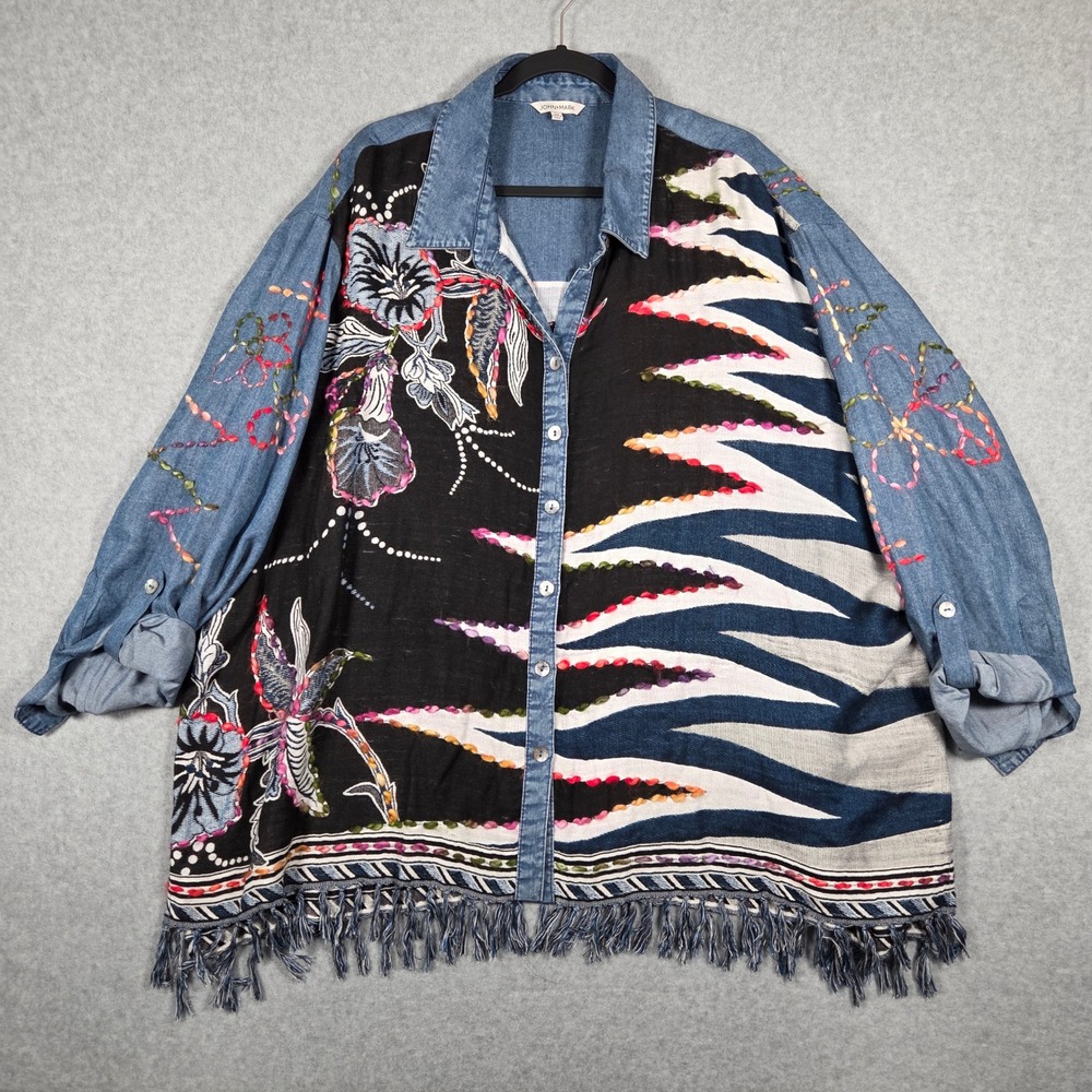 John Mark Women 3X Artsy Button Shirt Blue Denim Embroidered Fringe Rayon Zigzag - Picture 4 of 10